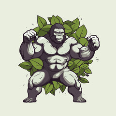 Poster - Vector illustration of a strong gorilla with green leaves as a background.