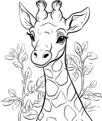 Wall Mural - Giraffe head in the jungle. Black and white vector illustration