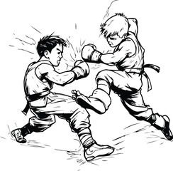 Wall Mural - Two young boys boxing. sketch vector graphics monochrome illustration on white background.