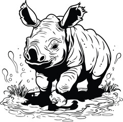 Poster - Rhinoceros in the water. Black and white vector illustration.