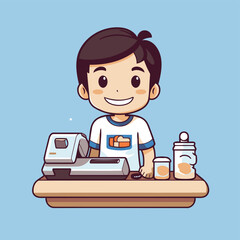 Poster - Cute boy cooking food at the kitchen. Vector cartoon illustration.