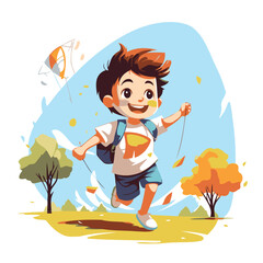 Poster - Cute little boy running with kite in the park vector illustration