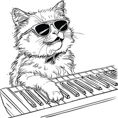 Poster - Vector illustration of a cat in sunglasses playing the synthesizer on a white background