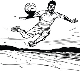 Canvas Print - Soccer player jumping on the beach. Black and white vector illustration.