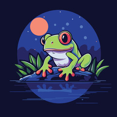 Sticker - Frog on the river at night. Vector illustration in cartoon style.