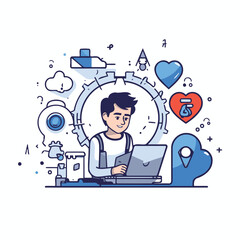 Poster - Vector illustration of man working on laptop at home. Flat line art style design for web. site. advertising. banner. poster. board and print.