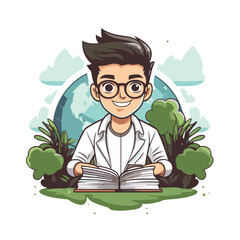 Canvas Print - Young man with glasses reading a book in the park. Vector illustration.