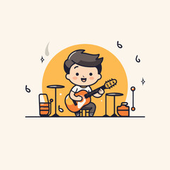 Poster - Illustration of a boy playing the guitar. Vector illustration in a flat style.