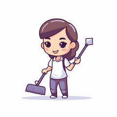 Canvas Print - Cute little girl cleaning with broom. Vector illustration in cartoon style.