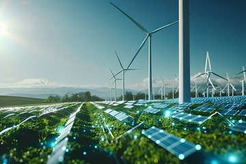 Poster - A conceptual image showcasing the integration of green energy solutions and sustainable power engineering, with symbols like wind turbines, solar panels, and eco-friendly technology.