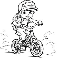 Poster - Little boy riding a bike. black and white vector cartoon illustration.