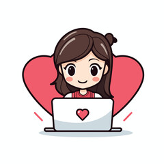 Poster - Cute girl using laptop with heart shape background. Cartoon illustration.