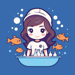 Cute little girl washing in the bathtub. Vector illustration.