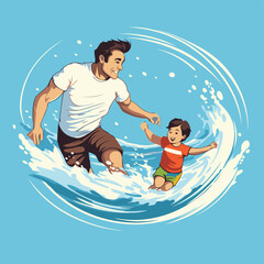 Sticker - Father and son surfing on the waves. Vector illustration in cartoon style.