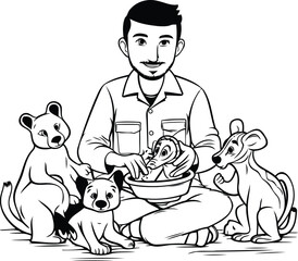 Wall Mural - Vector illustration of a man with a dog and a bowl of food