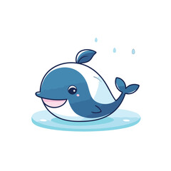 Wall Mural - Cute cartoon whale swimming in water. Vector illustration isolated on white background.