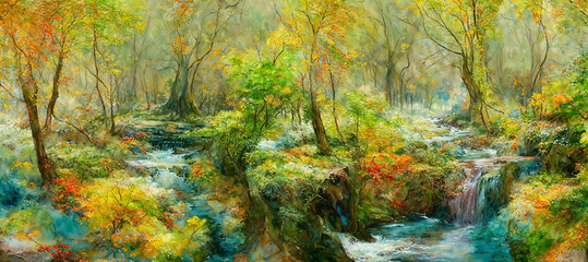 Wall Mural - Enchanting watercolor like misty forest in early autumn with orange and yellow leaves, small flowing waterfall stream, dense woodland trees.