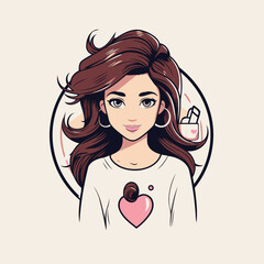 Wall Mural - Beautiful girl with long brown hair. Vector illustration in cartoon style.