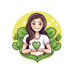 Wall Mural - Vector illustration of a girl with a green heart in her hands.