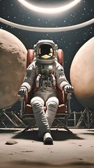 Wall Mural - back view of lunar astronaut resting in a chair on moon background