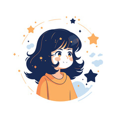 Sticker - Cute girl with long hair. Vector illustration in cartoon style.