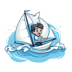 Sticker - Vector illustration of a boy sailing on a sailboat on the sea