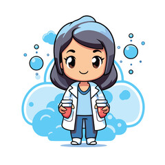 Wall Mural - Cute girl in lab coat holding test tube. Vector illustration.