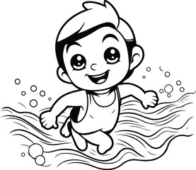 Sticker - Black and White Cartoon Illustration of Cute Baby Boy Swimming in Water for Coloring Book