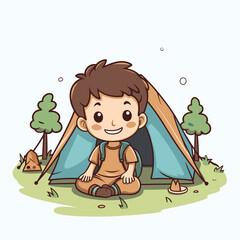 Poster - cute little boy sitting in a tent in the forest. vector illustration