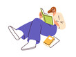 © Good Studio - Woman reading book, lying and relaxing. Girl reader resting with paper literature. Bookworm at leisure time, recreation. Relaxation with novels. Flat vector illustration isolated on white background