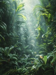 Canvas Print - Rainforest canopy digital backdrop with lush greens and dappled light, central focus area surrounded by naturalistic blur.