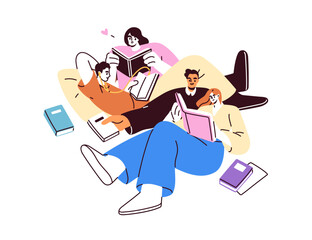 Poster - Reading books together. Readers, bookworms. Students in literature club. People studying, spending time with textbooks. Education concept. Flat vector illustration isolated on white background