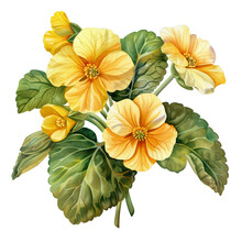 Spring Orange Primrose Flower. Illustration Of A Cute Spring Yellow Primroses In Realistic Style On A White Background
