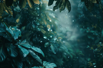 Poster - Rain in a forest. A slide background for showcasing creative content. Background image. Created with Generative AI technology.