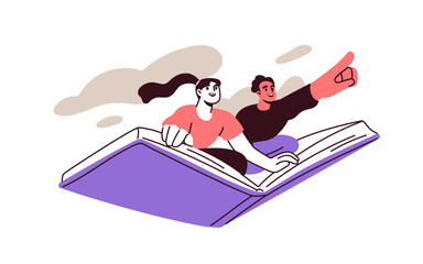 happy characters flying on fantasy book. imagination, dream, fiction literature adventure, creativit