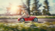Easter bunny drives quickly to Easter in a red retro car