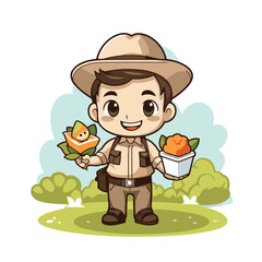 Wall Mural - Cute boy scout holding a duck in the garden. Vector illustration.