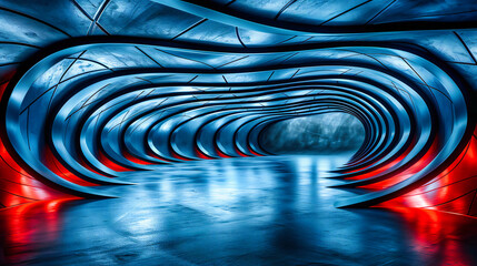 Poster - Futuristic Tunnel Illuminated by Blue Light, Modern Design Merging Architecture with Technology in a Dark Space