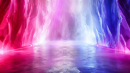 Poster - Neon Glow in an Empty Club Room, Bright Blue and Purple Lights Reflecting off Dark Surfaces, Futuristic Ambiance