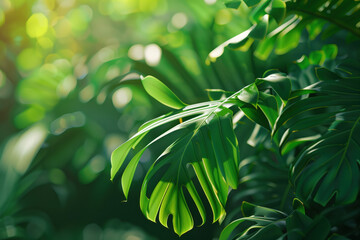 Poster - Green monstera leaves in the sun. A slide background for showcasing creative content. Background image. Created with Generative AI technology.