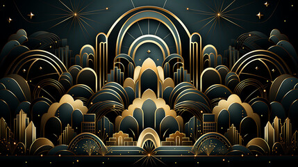  Vector abstract art deco luxury pattern, golden vintage artistic background with geometric shapes, archs and swirls. Linear retro ornament, gatsby card