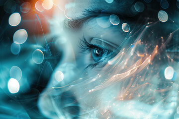 Poster - A closeup of a woman's eye. A slide background for showcasing digital content. Background image. Created with Generative AI technology.