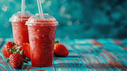 Wall Mural - Summer drink, strawberry smoothie with berries on blue wooden background