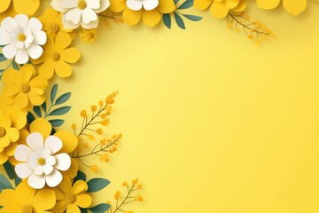 Spring, summer yellow background with cut paper style flowers and place for text. card with flowers decoration.