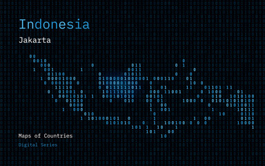 Indonesia Map Shown in Binary Code Pattern. Matrix numbers, zero, one. World Countries Vector Maps. Digital Series	