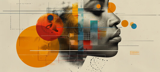 minimalist print style collage poster, abstract grunge backdrop, retro futuristic graphic design sty