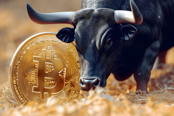 Wall Mural - Bull with bitcoin. Bullish trend concept.