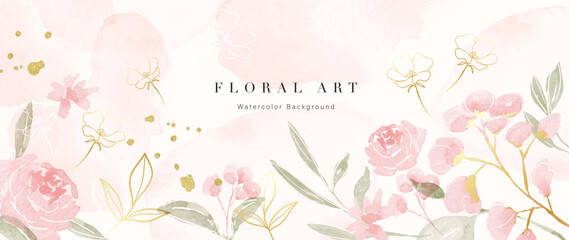  Spring floral art background vector illustration. Watercolor hand painted botanical flower, leaves, insect, butterflies. Design for wallpaper, poster, banner, card, print, web and packaging.