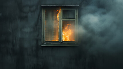 Wall Mural - Windows of the burning house. Fire in the house. Burning building in the flames of fire at night