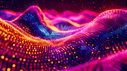 Canvas Print - Digital Wave Flow, Neon Lines and Particles in a Futuristic Network Design, Abstract Technology Background